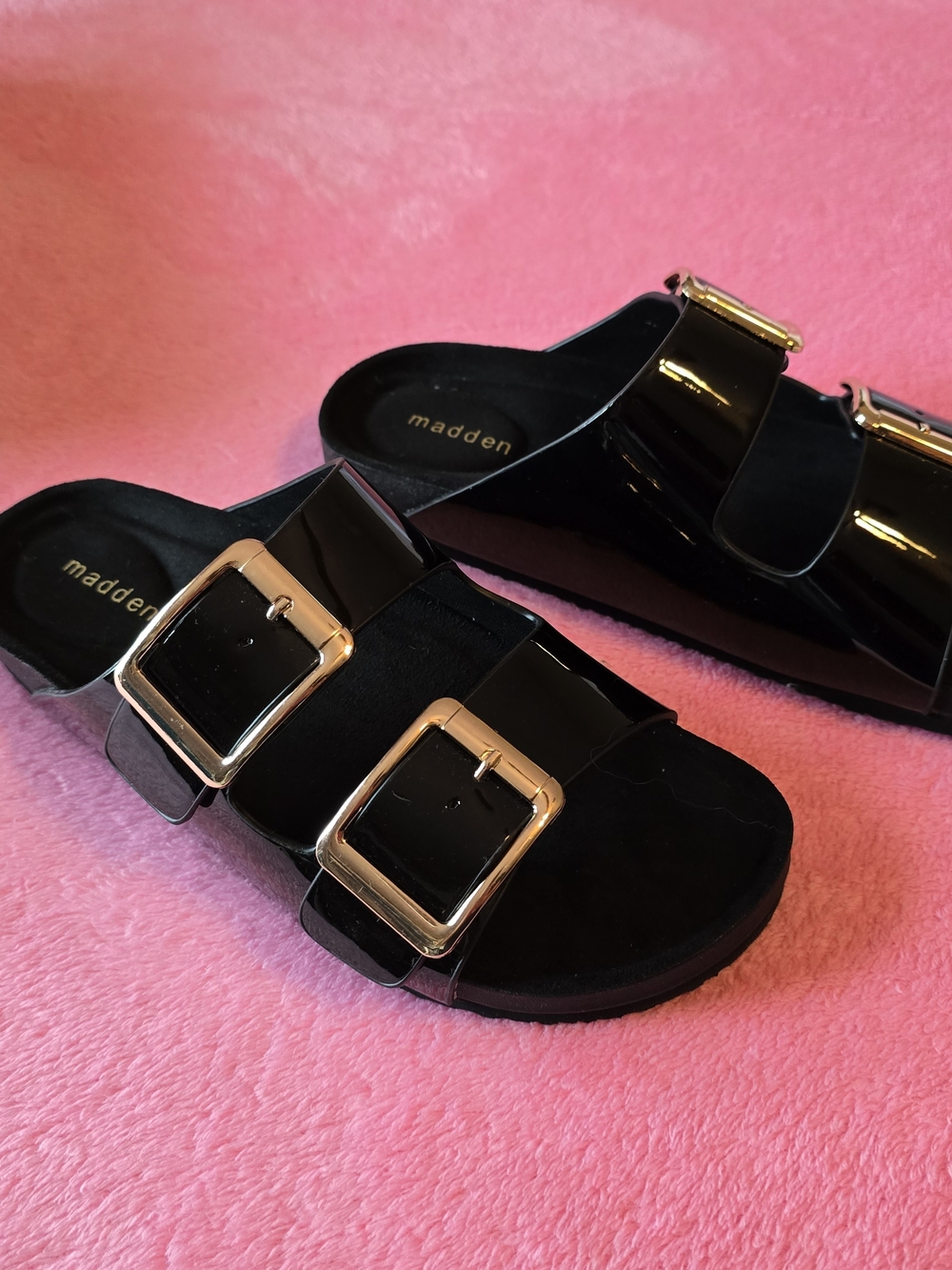 Steve Madden Black Patent Double-Buckle Slide Sandals